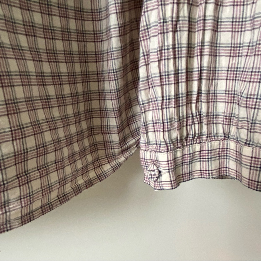 Uniqlo 100% Cotton Classic Beige Plaid Button-Up Shirt with Mauve & Navy Stripes - Picture 7 of 12